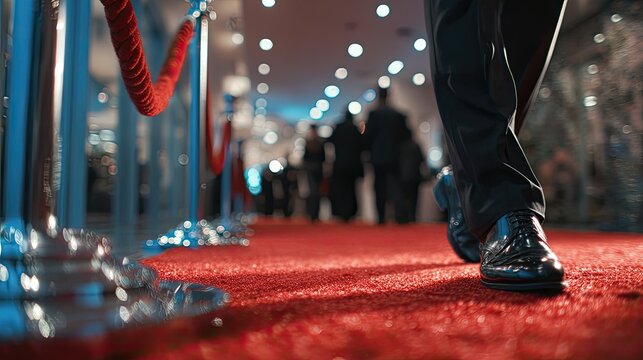 Celebrity strides down a plush red carpet, spotlighted by elegant overhead lights