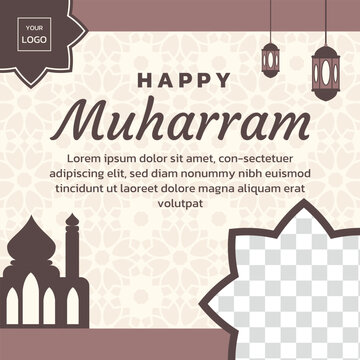 Happy Muharram greeting card template with Islamic mosque silhouette