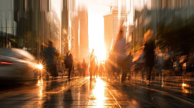 Blurred urban street scene with people and car bathed in warm sunlight
