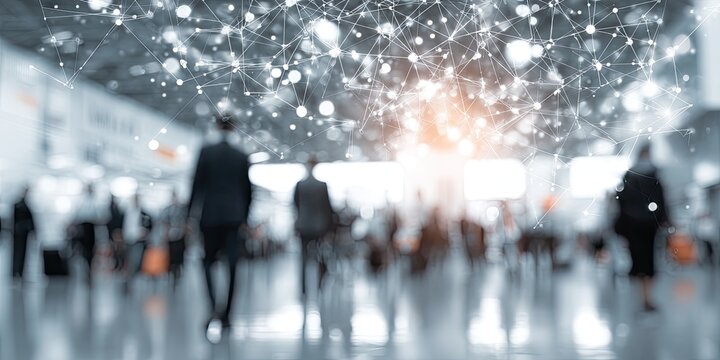 Abstract network overlaying a blurred crowd in a modern hall