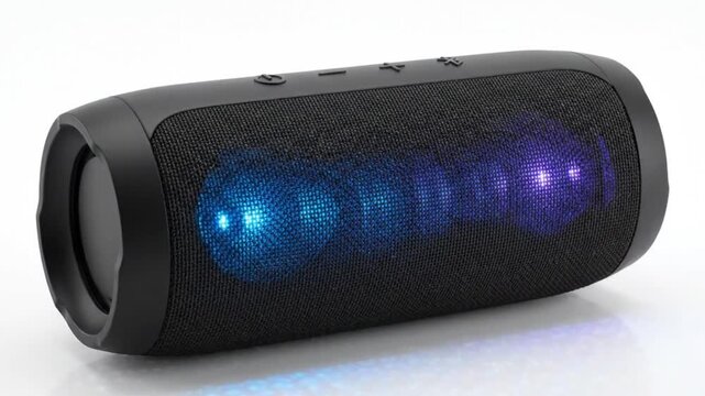 Close-up of a black portable Bluetooth speaker turning on with colorful pulsing RGB LED lights