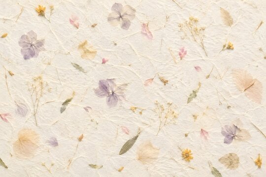Handmade paper texture with pressed dried flowers and petals, floral botanical background