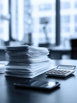 Desk with stack of papers, calculator, and phone. Office view