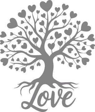 Tree of love with heart leaves and love root