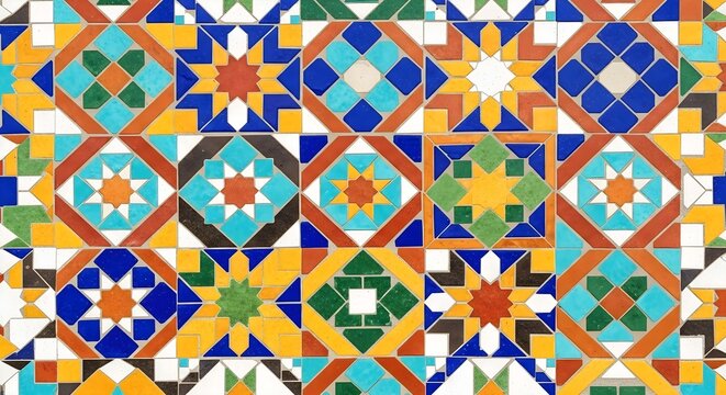 Vibrant arabesque ceramic tile mosaic with geometric star patterns
