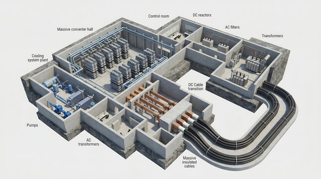 3D Isometric Cutaway Diagram of an HVDC Converter Substation with Transformers and Cooling Systems