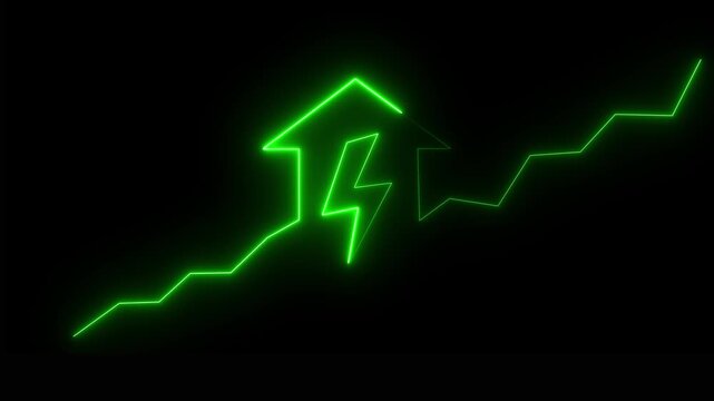 Orange neon arrow with lightning bolt and rising graph on black background bright charge