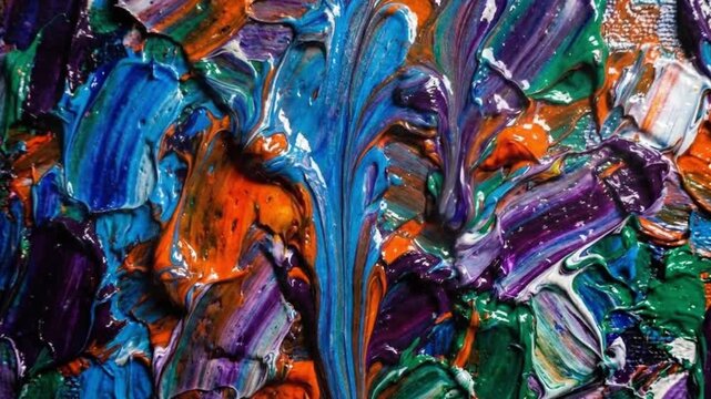 Thick textured impasto oil paint strokes in vibrant blue orange and purple colors.