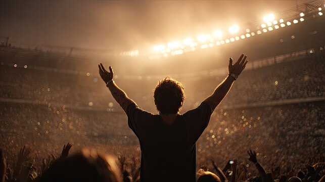 Person with arms raised in triumph at a large stadium concert under bright lights