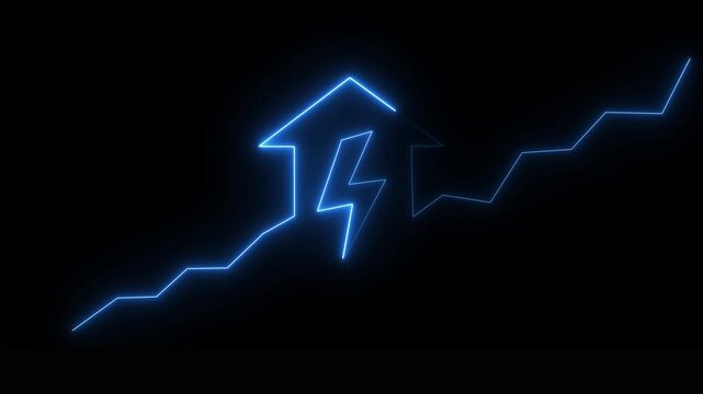 Orange neon arrow with lightning bolt and rising graph on black background bright charge