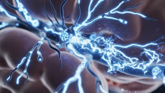 Ultra realistic neural network visualization featuring motor neurons illuminated by electric blue energy realistic brain anatomy with advanced motor control circuits active synaptic transmission and c