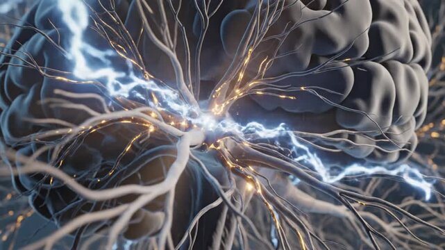 Highly detailed medical animation showing motor neuron activity within the motor cortex realistic neuronal structures with branching dendrites elongated axons and glowing synaptic connections electric