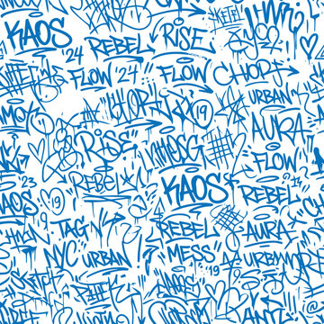 Seamless pattern of blue graffiti tags and words on white background