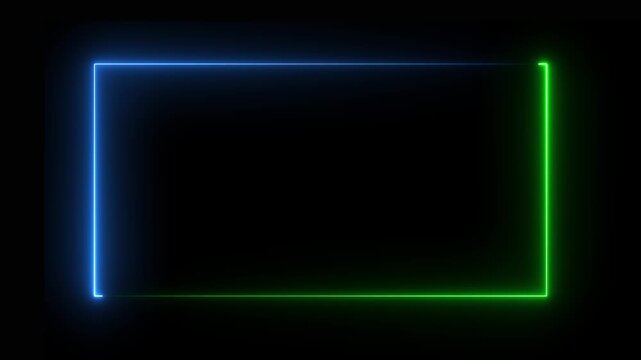 A rectangular frame is formed by two distinct neon light colors against a black background with the and left sides glowing in bright blue and the bottom and right sides glowing