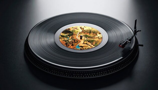 A spinning vinyl record on a turntable showcases intricately detailed grooves resembling a map of a vibrant landscape