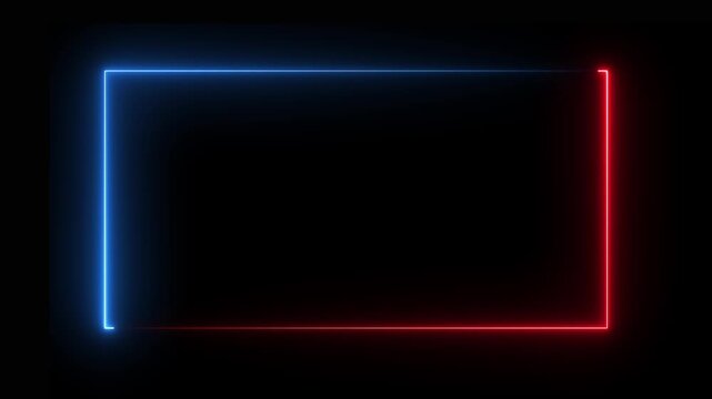A rectangular frame is formed by two distinct neon light colors against a black background with the and left sides glowing in bright blue and the bottom and right sides glowing