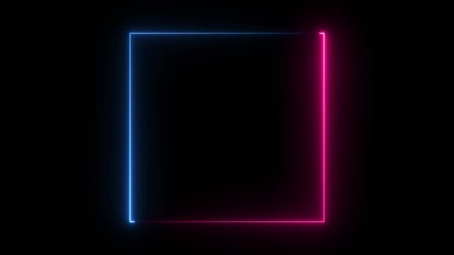 Glowing neon square frame animation. luminous banner animation. blue and red color neon box icon. Neon Figure On Black Background. 4k video...