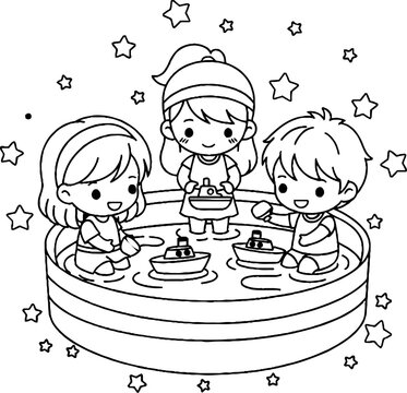 Children Playing Together in Toy Boat Water Table.