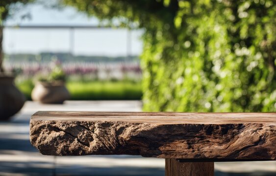 Rustic wooden table surface against a soft focus outdoor garden backdrop