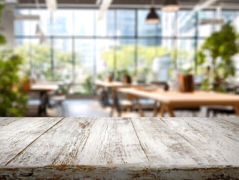 Weathered wooden tabletop in front of a blurred modern cafe with natural light