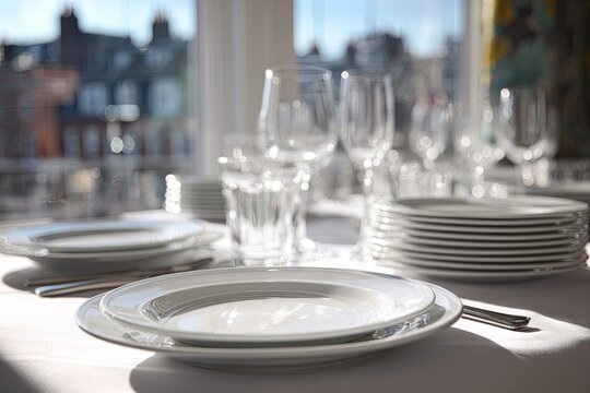 Elegant dining table set with white plates, glassware, and cutlery