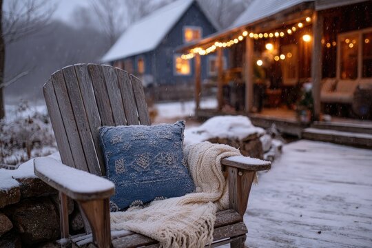 Cozy wooden chair with blanket and pillow awaits on snowy porch
