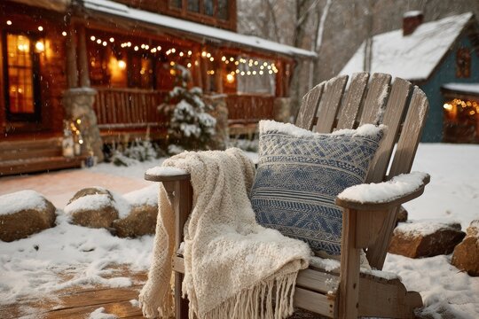 Cozy Adirondack chair with blanket and pillow on a snowy porch
