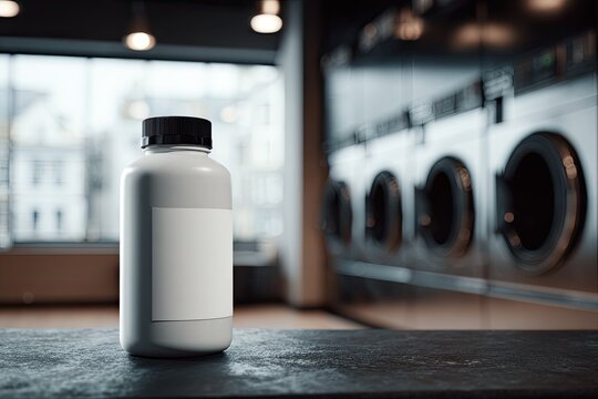 White bottle with blank label on counter in laundromat