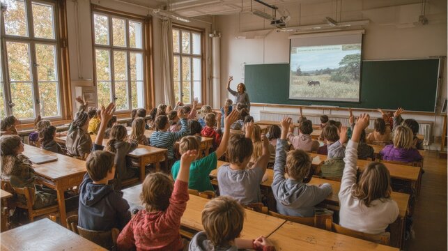 Energetic classroom scene with teacher presenting a nature image to eager students raising hands