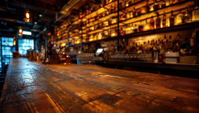 Warmly lit bar interior with a polished wooden counter and shelves of bottles
