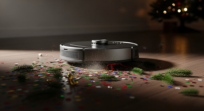 Automated robotic vacuum cleaner sweeping colorful confetti and green fir needle on dark wooden laminate floor after festive Christmas party celebration in dimly lit interior room atmosphere