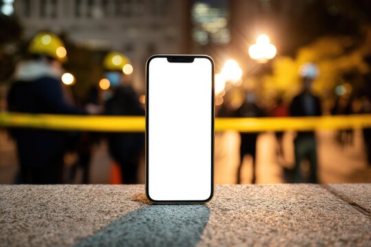 Smartphone displays blank screen at night amidst yellow caution tape scene