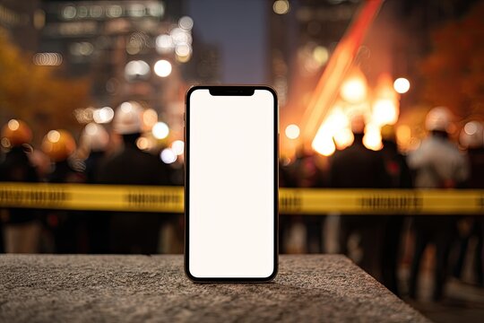 Smartphone display on rough surface with blurred crowd and yellow caution tape background