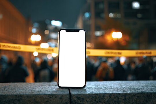 Smartphone with blank screen on barricade, crowd and lights in background