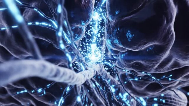 Premium neuroscience visualization of motor neurons inside the human brain realistic motor cortex structures interconnected neural pathways and glowing synaptic transmissions electric blue energy illu
