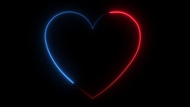 Neon heart shape with red and blue glowing lines on dark background for valentines day or love themed projects