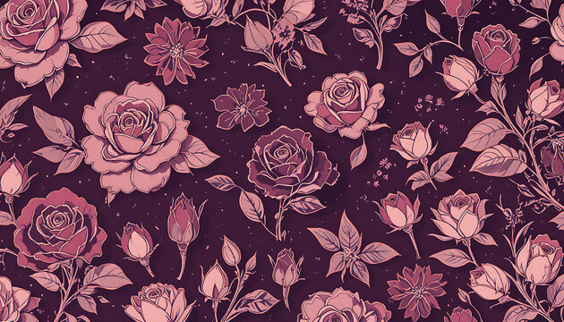 Pink roses and flowers on dark purple background, floral pattern leaves