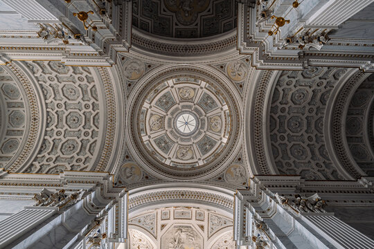 Ornate baroque ceiling with central dome and coffers in historic Sicilian cathedral, Caltagirone, Italy