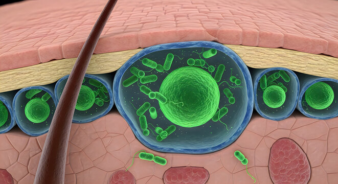 Close-up 3d render of green chloroplasts inside plant cells with a microscope, scientific illustration of photosynthesis process