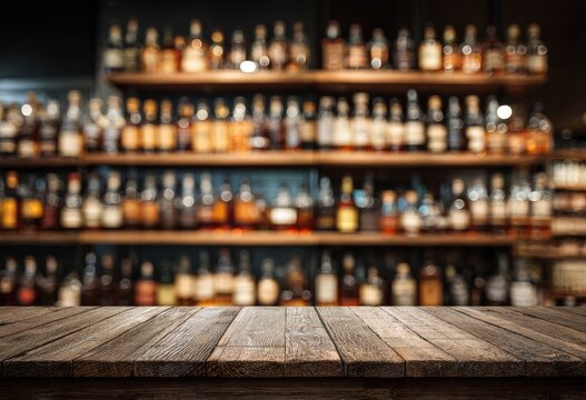 Wooden counter in front of blurred shelves filled with bottles