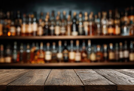 Rustic wooden surface before shelves stocked with diverse liquor bottles