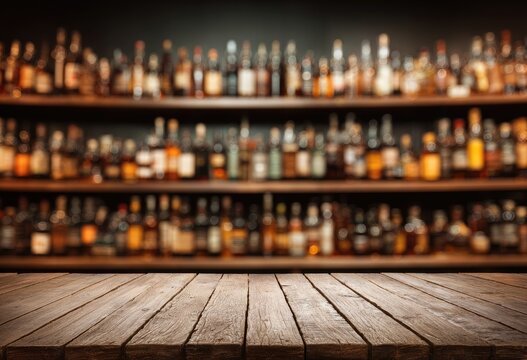 Rustic wooden surface in foreground with blurred shelves full of liquor bottles