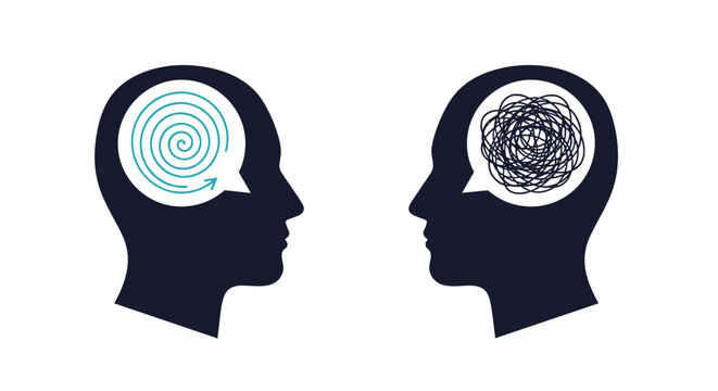 Two head silhouettes show different mental states with a tidy spiral for clear thinking and a messy tangle for confusion or stress.