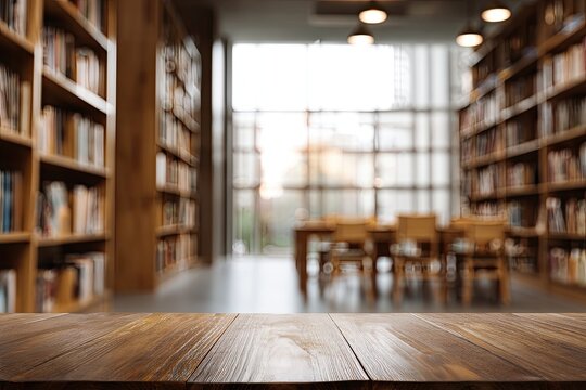 Warm wooden table in a sunlit library with bookshelves and tables