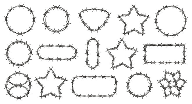 Collection of various barbed wire frame shapes including circles, stars, and rectangles for symbolic border and security designs.
