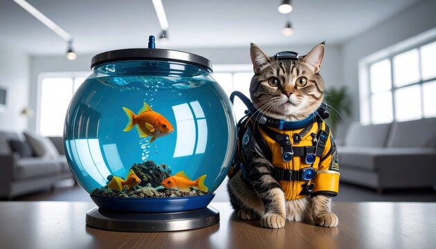 A Tabby Cat in a Custom Scuba Diving Suit and Helmet Beside a Goldfish Aquarium