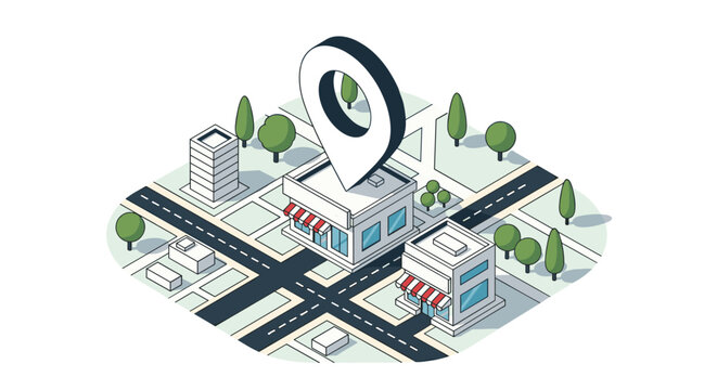 Isometric city map with a large white location pointer placed on a small retail store building with a red striped awning and green trees.