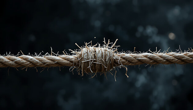 Frayed rope with a knot, against a dark background, twine fiber