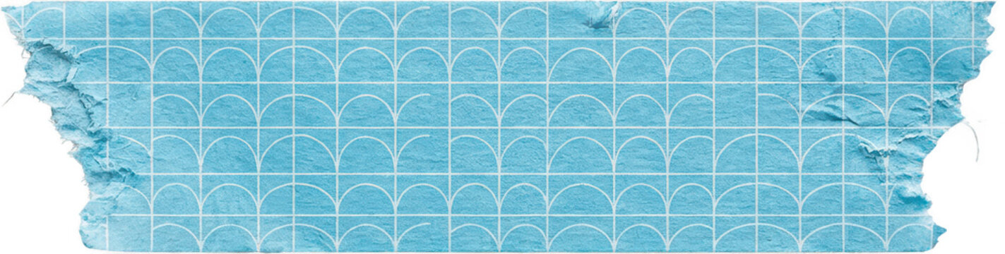 A ripped edge of light blue paper with a white grid and repeating arch pattern showing texture and damage torn arches graphic design element material surface craft abstract