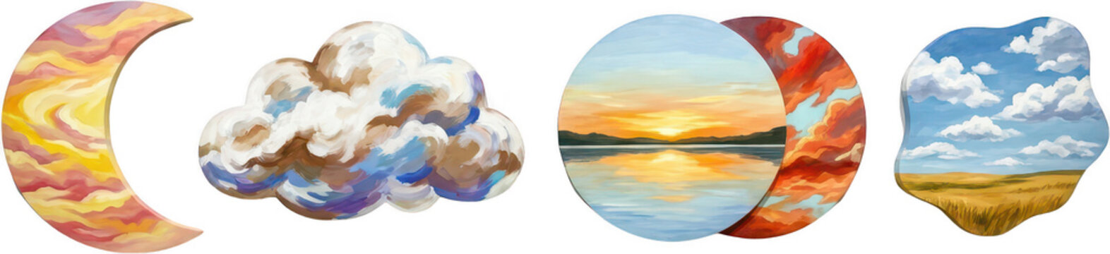 A crescent moon with colorful swirls a fluffy cloud a sunset over water and a daytime sky with clouds and a field lake landscape nature weather atmospheric painting art illustration
